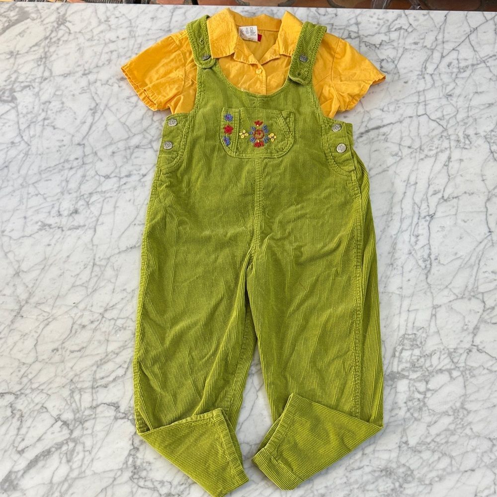 Vintage Kids Sz 6/7 Green Corduroy Embroidered Overalls Esprit Shirt Outfit